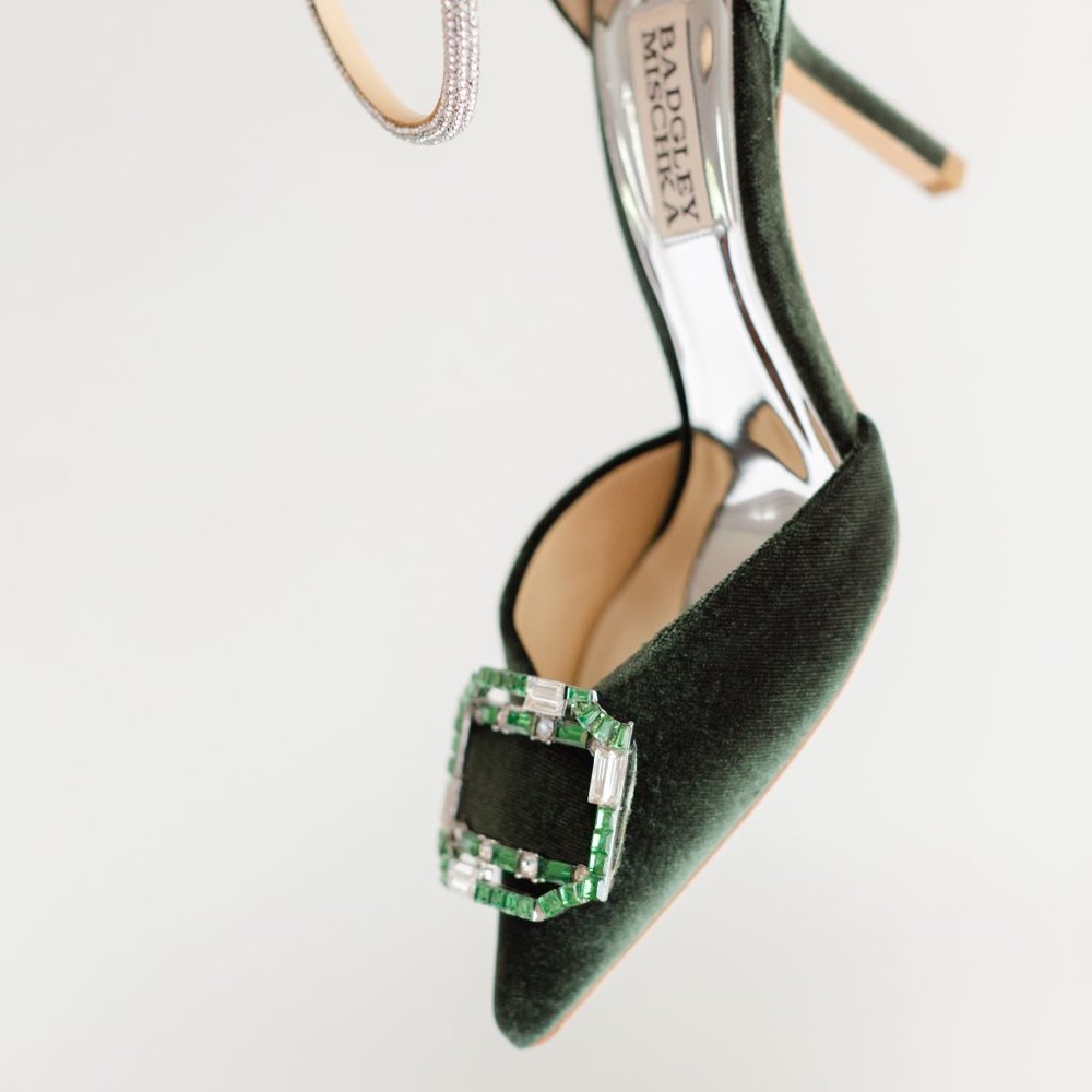 Badgley Mischka 5.5 Marlow Velvet Green Heels Emerald Ornament Stilettos - Picture 3 of 16